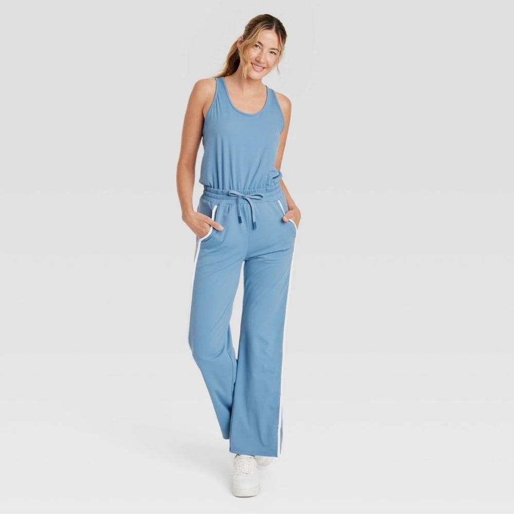 JoyLab Piped Tank Jumpsuit Sleeveless Small Blue White Relaxed Fit - Picture 1 of 13